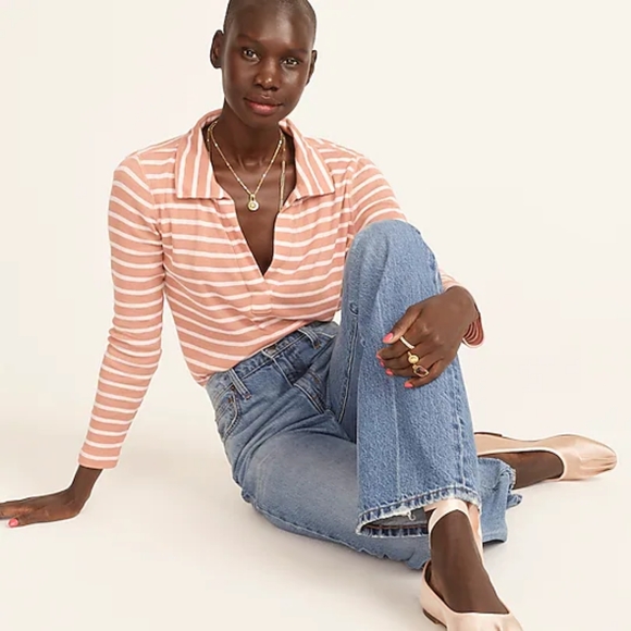 JCrew Long Sleeve Ribbed Polo in Clay Blush Stevie Stripe - Picture 2 of 5
